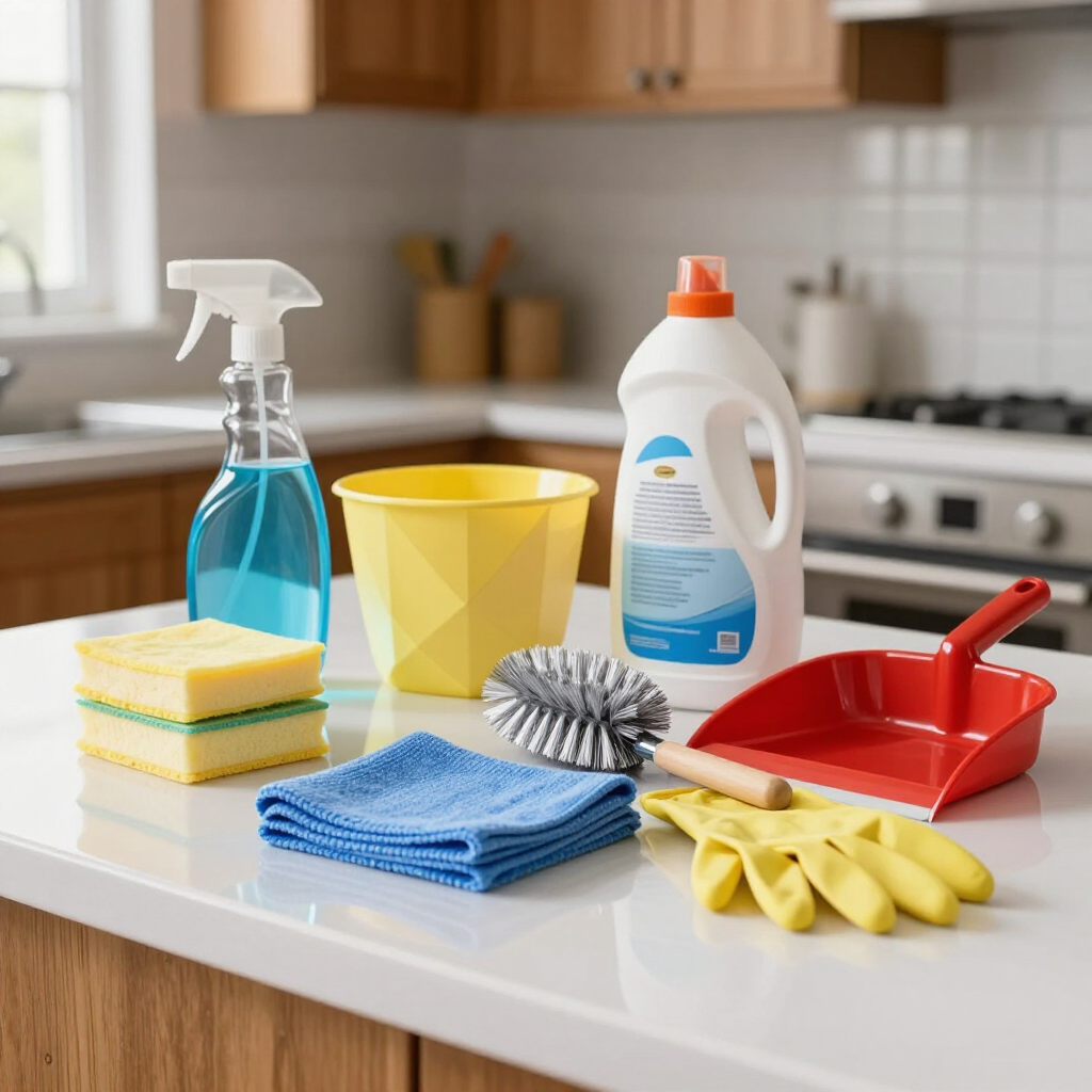 Cleaning supplies on a kitchen counter: spray bottle, sponges, bucket, detergent, brush, dustpan, and gloves