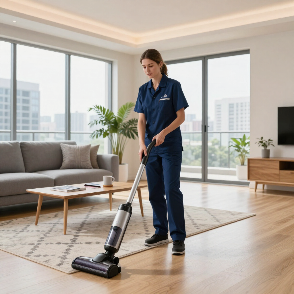 Person using a cordless vacuum to clean a modern living room with large windows.