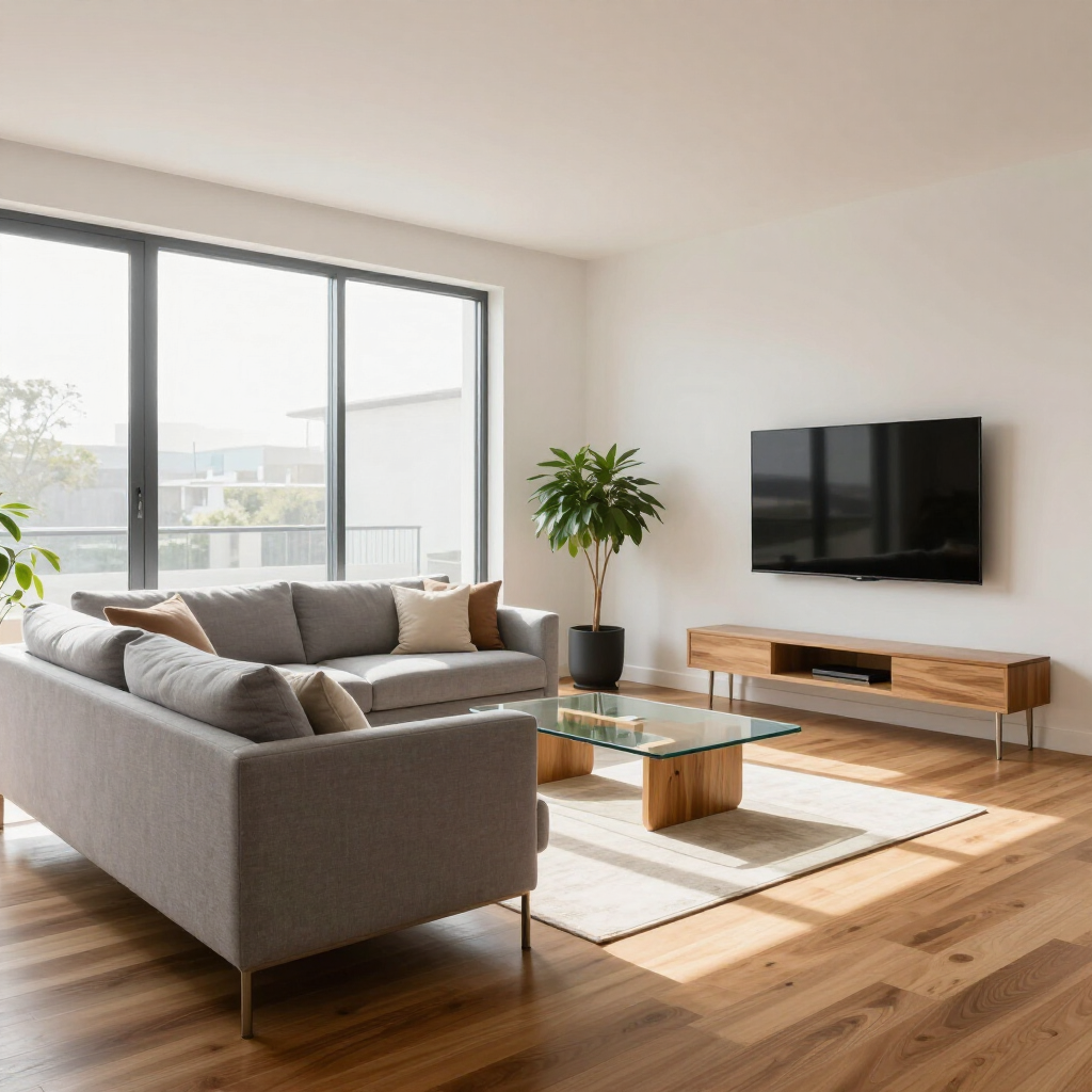 Modern living room with gray sofa, glass coffee table, wall-mounted TV, and large sunlit windows