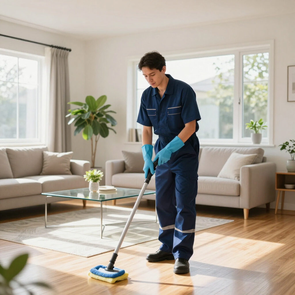 Person mopping a bright living room with a blue cleaning tool