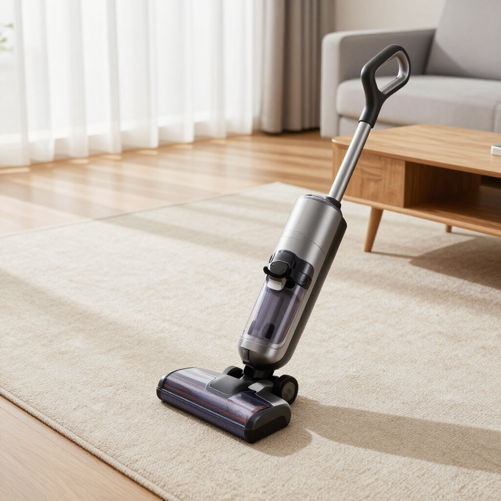 Cordless stick vacuum on a light rug in a bright living room beside a wooden coffee table.