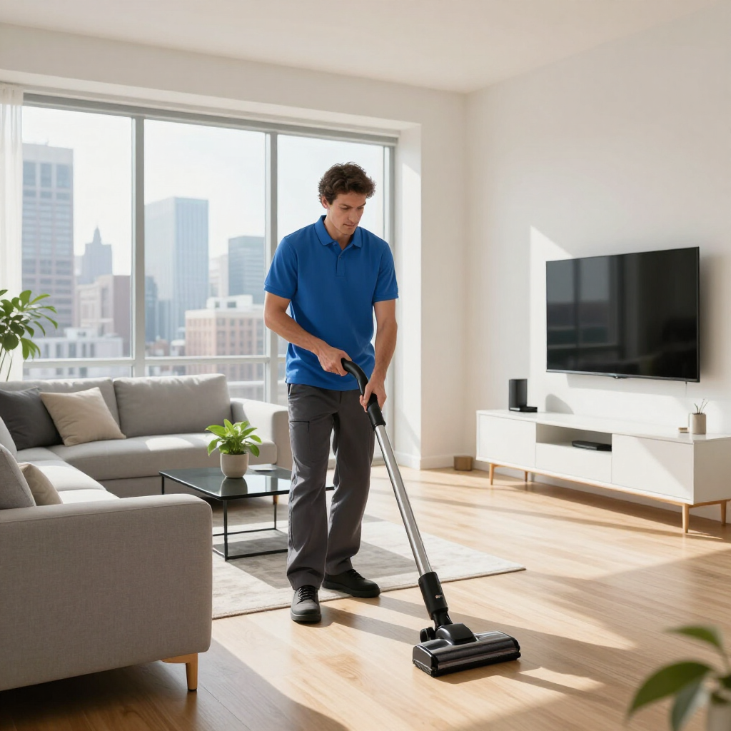 Man vacuuming a bright living room with a city view and wall-mounted TV