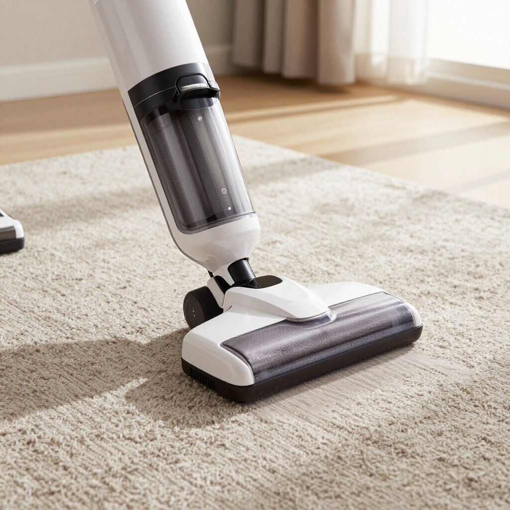 Cordless vacuum cleaner cleaning a beige carpet in a bright living room
