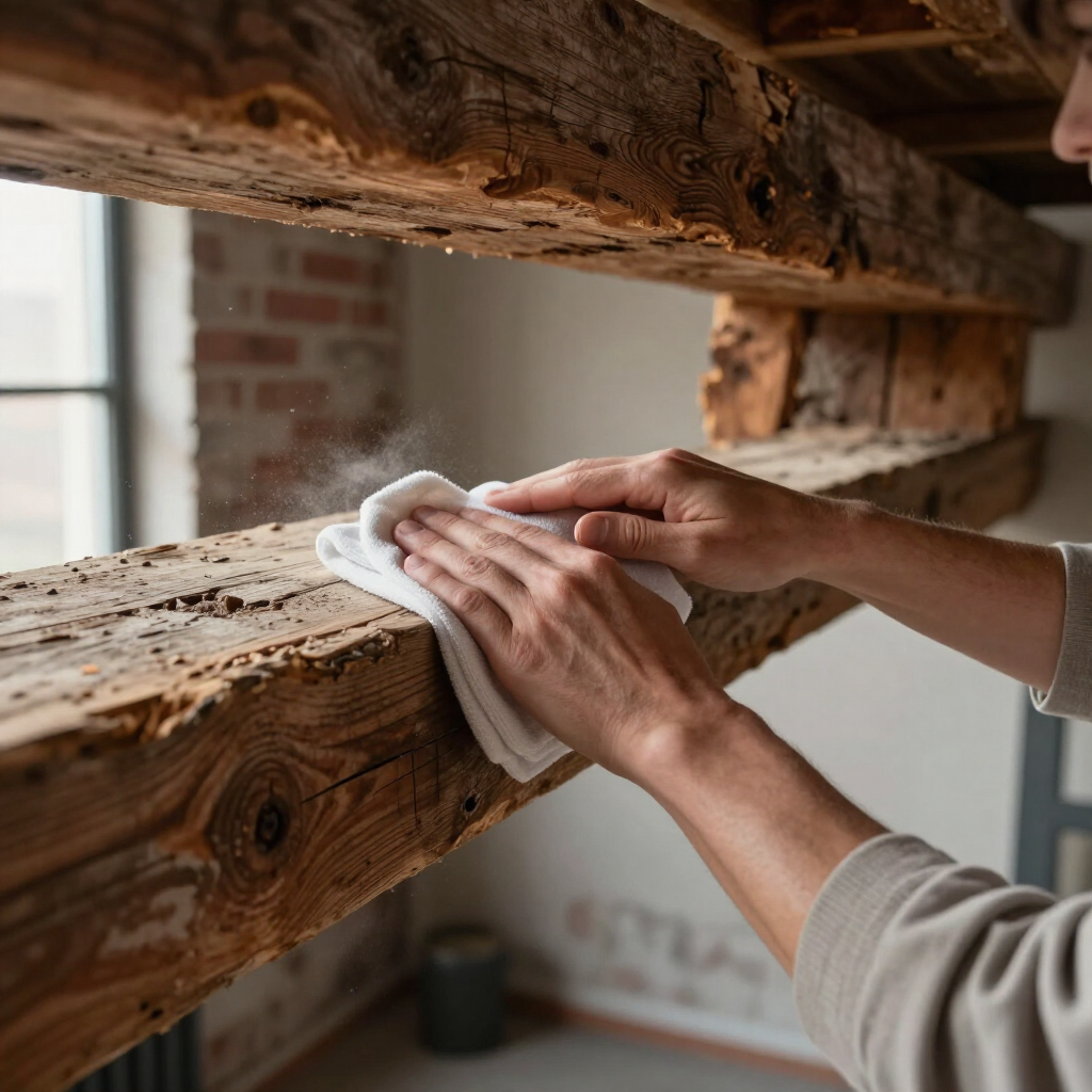 Hands wiping dust from a rustic wooden beam with a white cloth in a brick-walled room
