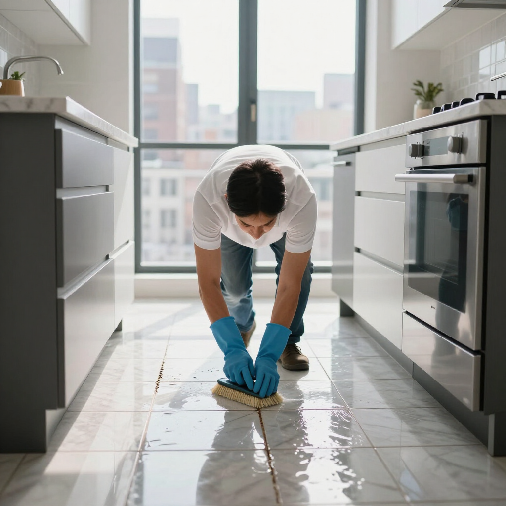Person mopping a wet kitchen floor in a bright modern kitchen