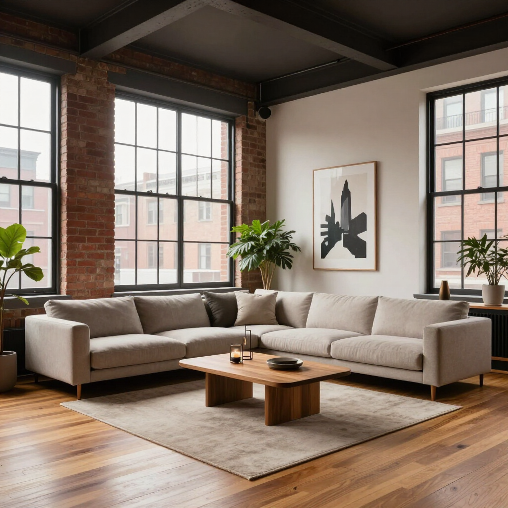 Bright modern living room with beige sectional sofa, wooden coffee table, large windows, brick walls, and plants