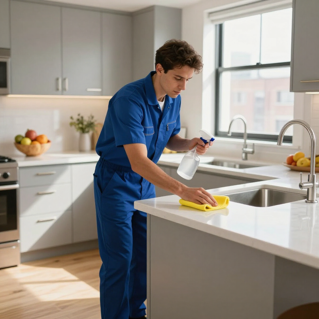 Person in blue uniform cleaning a kitchen counter with spray and cloth in a bright modern kitchen