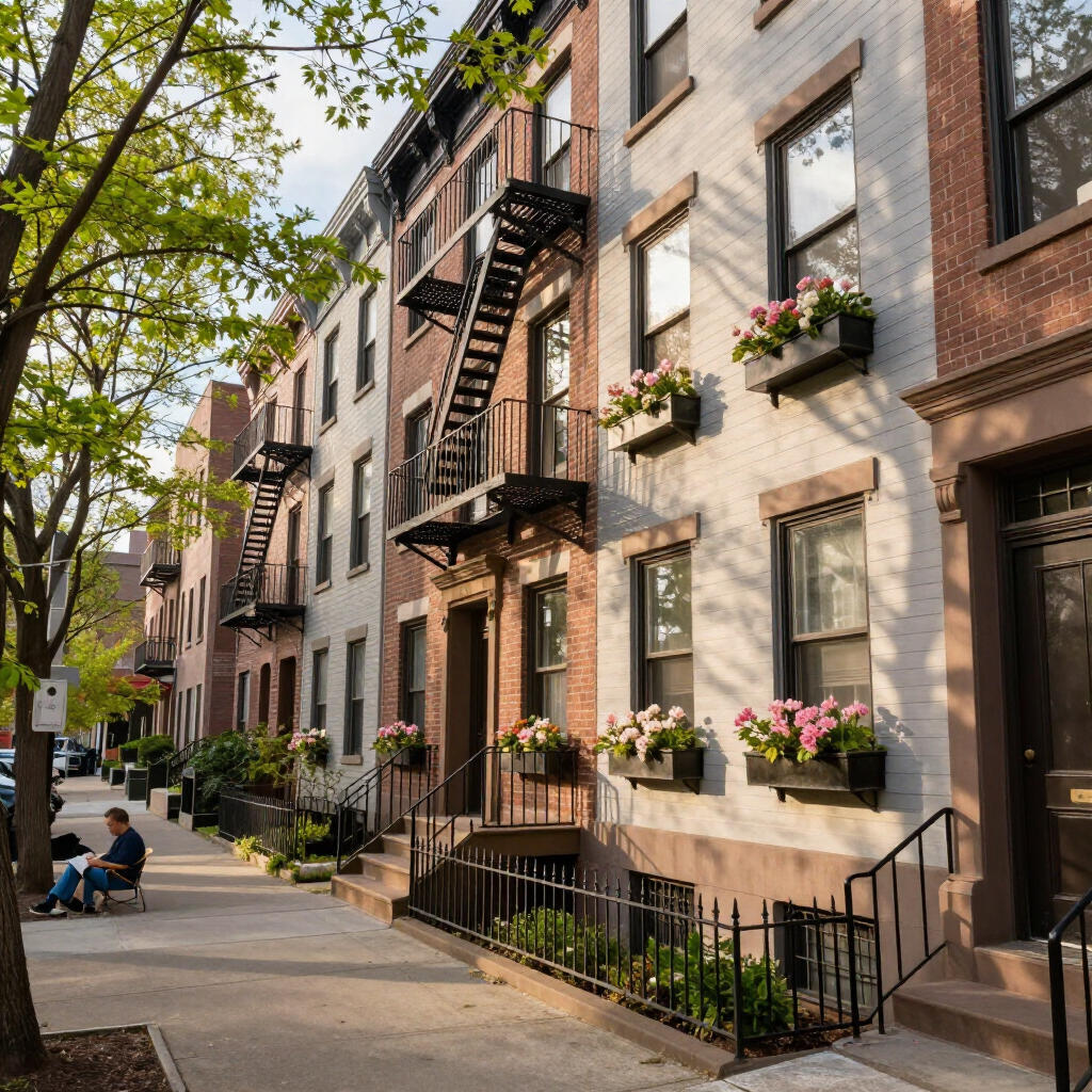 Sunlit brick apartment row with fire escapes, flower boxes, and a tree-lined sidewalk
