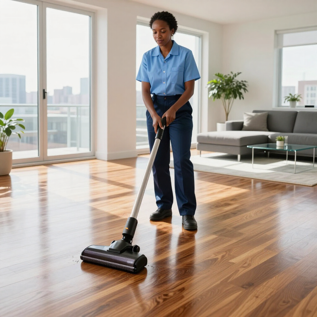 Person vacuuming a sunlit living room with hardwood floors and large windows