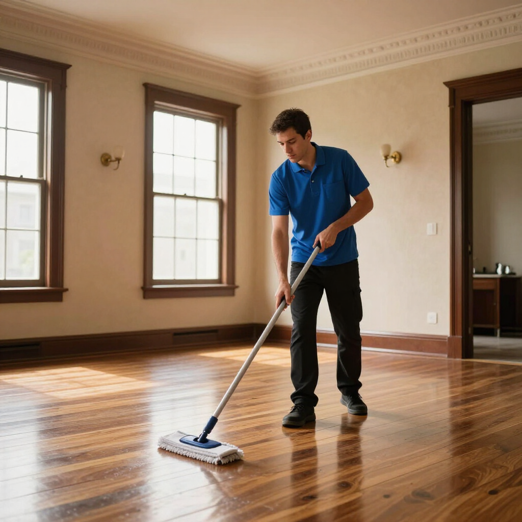 Man mopping a hardwood floor in a bright empty room