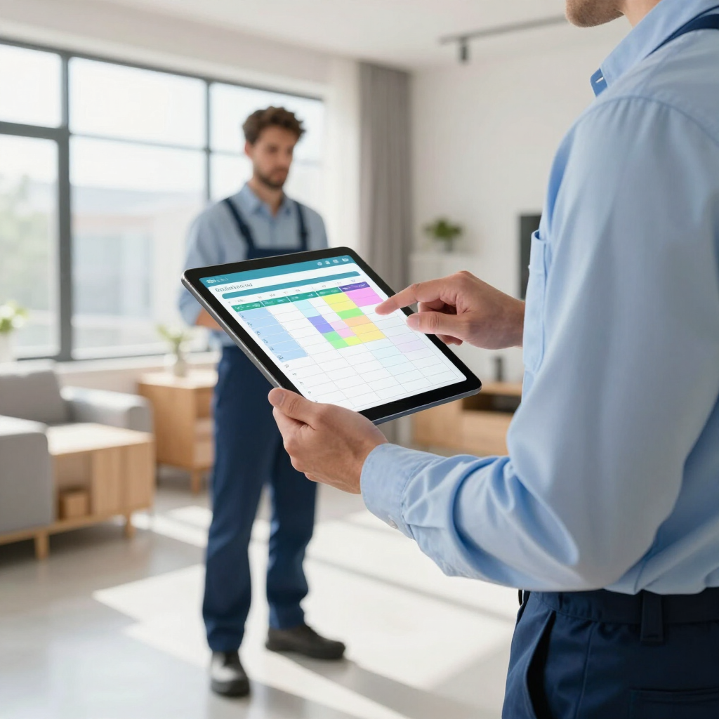 A worker using a tablet shows a colorful schedule to another worker in a bright office