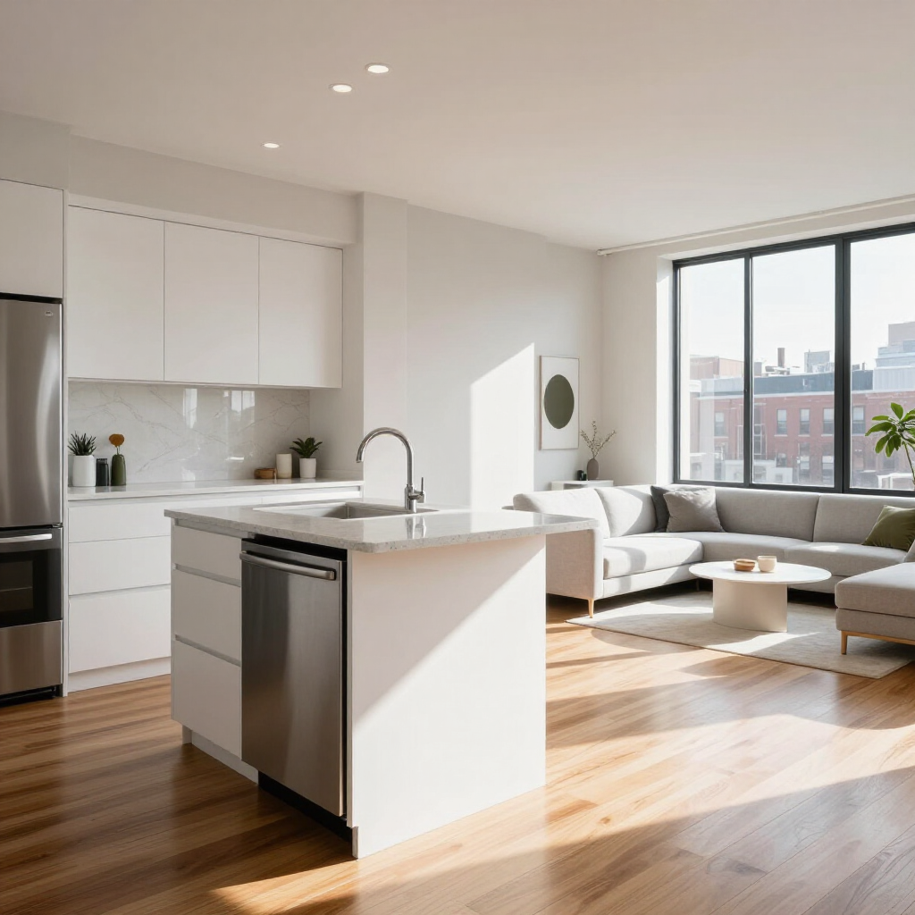 Modern open-plan kitchen and living room with white cabinets, island, gray sofa, and large sunlit windows