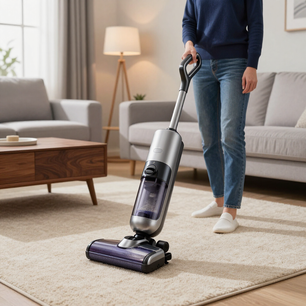 Person vacuuming a beige rug in a living room with a cordless vacuum.