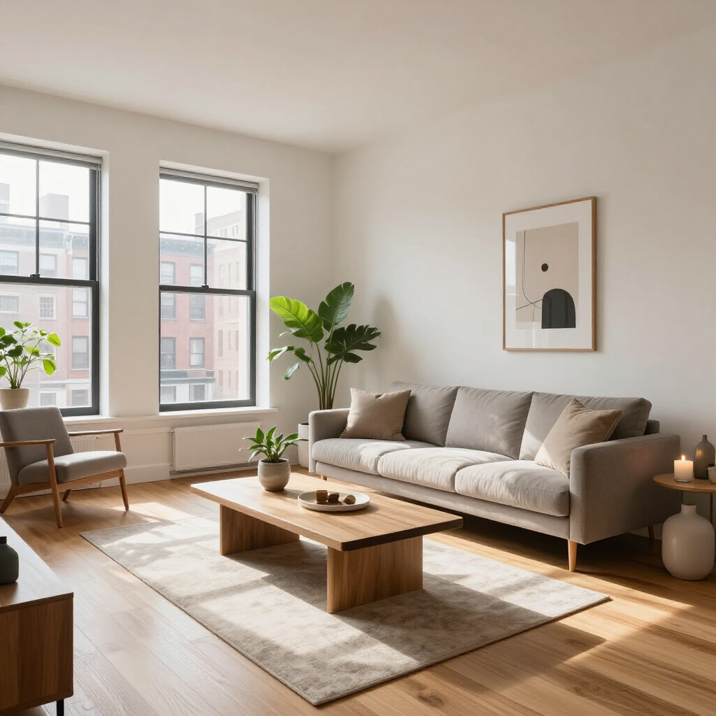 Bright living room with a gray sofa, wooden coffee table, large windows, and plants on a sunlit wood floor.