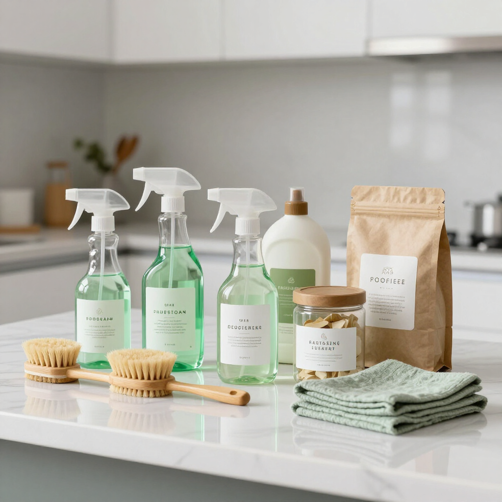 Cleaning products and brushes arranged on a kitchen counter beside folded cloths and a paper bag