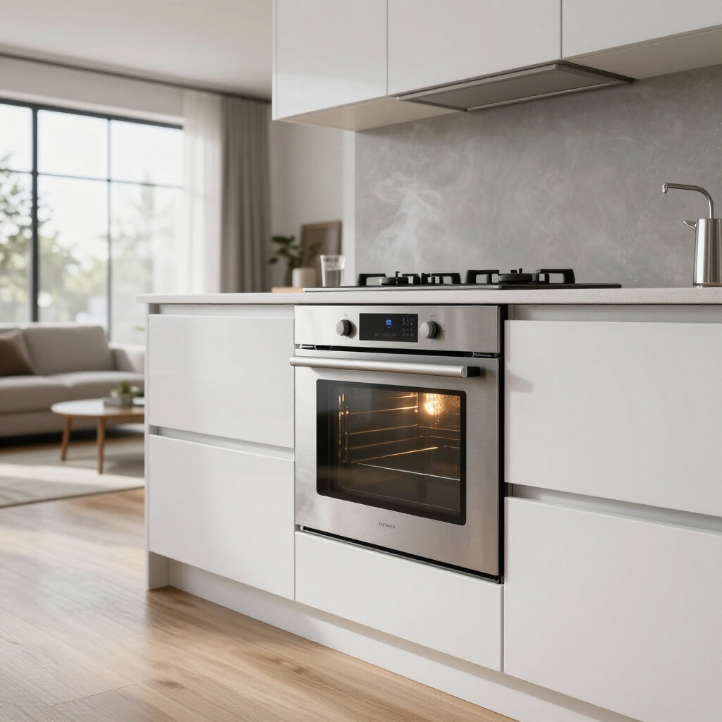 Modern white kitchen with built-in oven and stovetop, light wood floor, and large window in the background