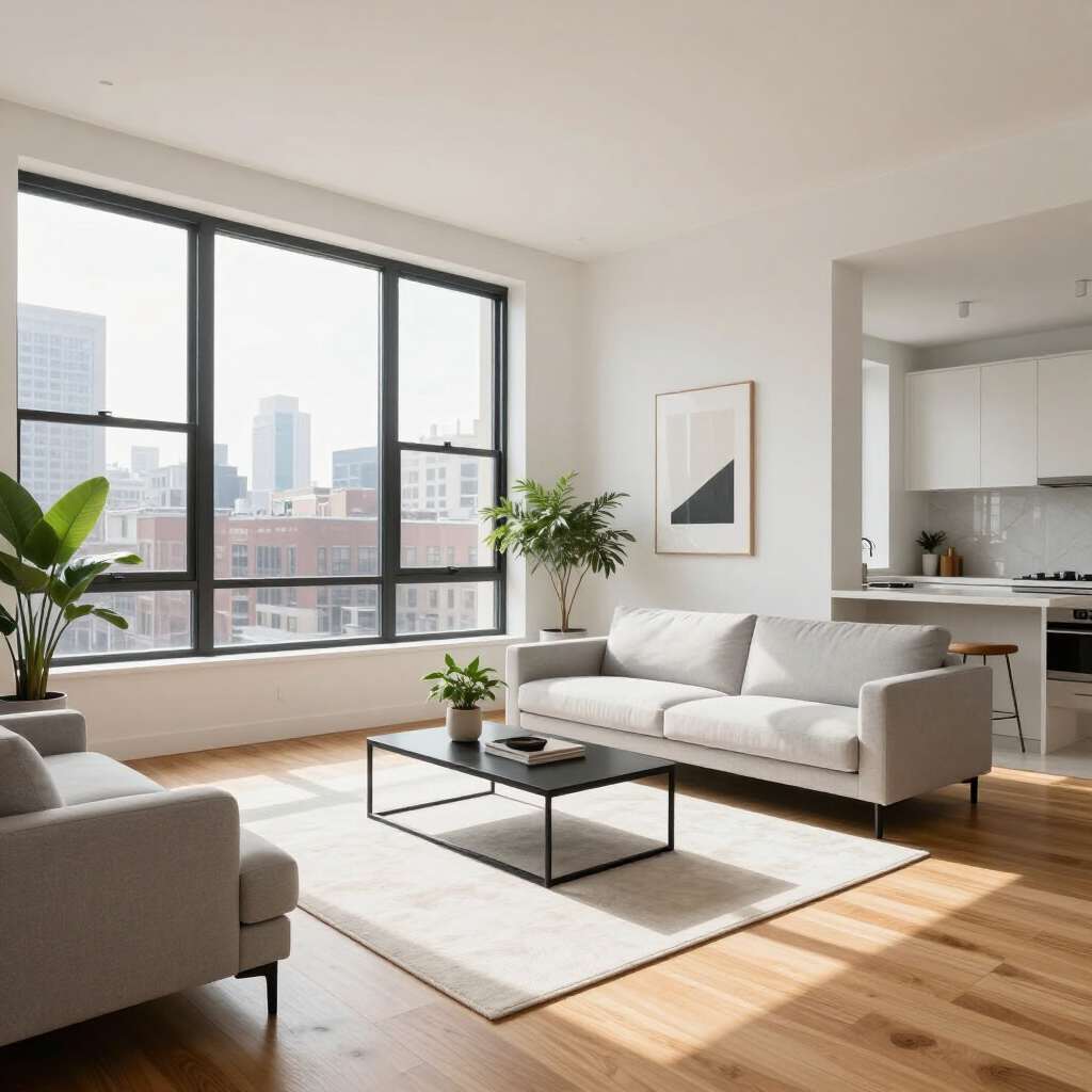 Bright modern living room with large windows, white sofa, coffee table, and city view