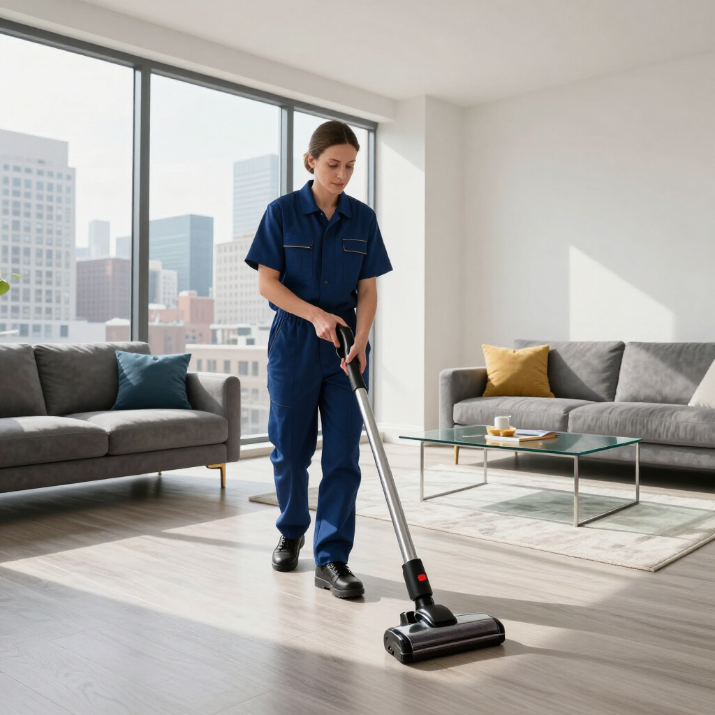 Person using a vacuum cleaner in a bright living room with large windows and modern furniture