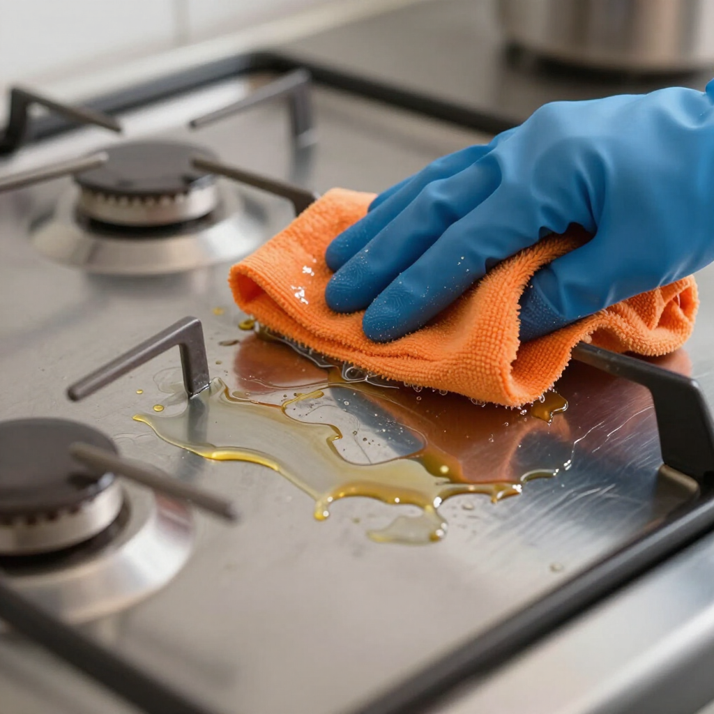 Blue-gloved hand wiping spills on a stainless steel gas stovetop with an orange cloth
