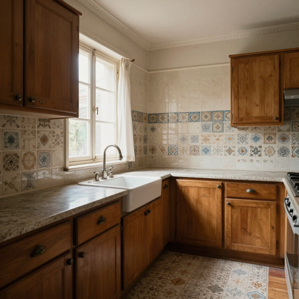 Small rustic kitchen with wooden cabinets, tiled backsplash, and a sunlit sink under a window