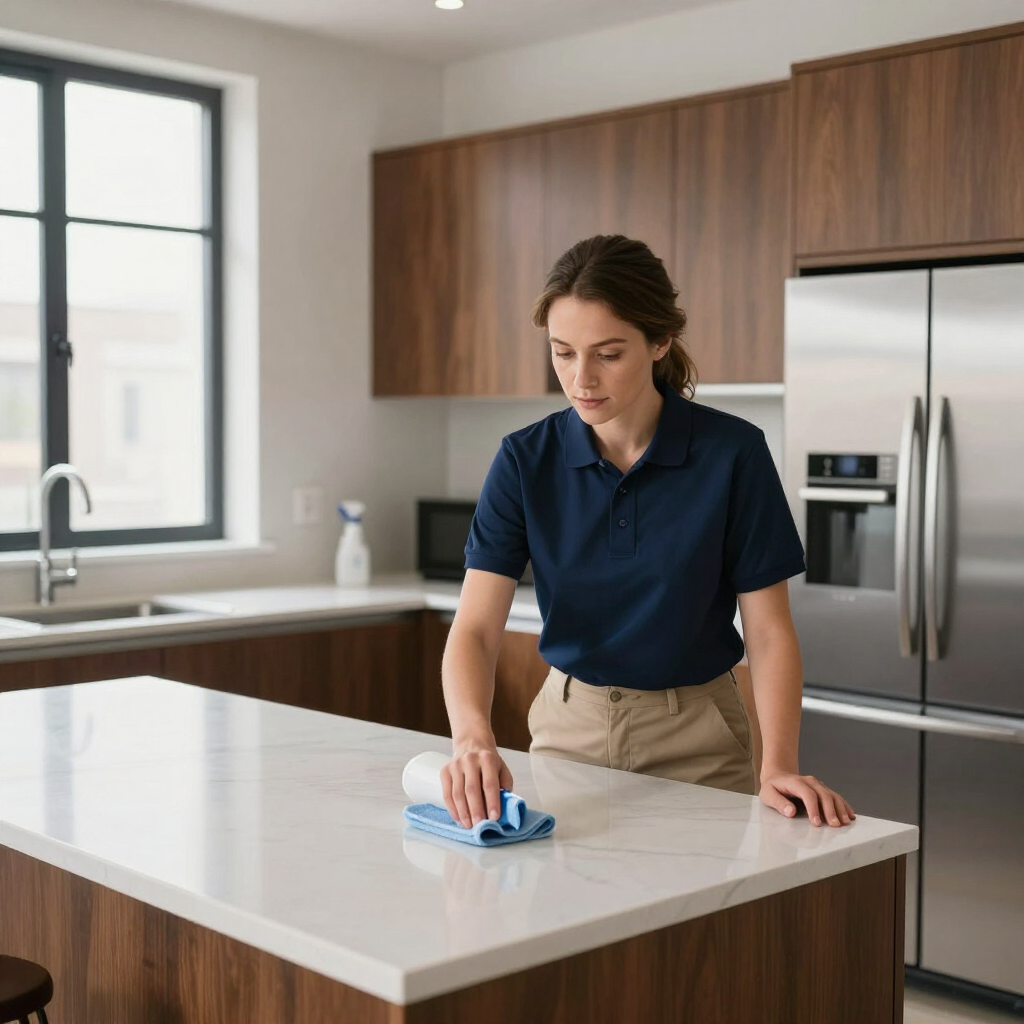 Woman wiping a white kitchen island with a blue cloth in a modern kitchen