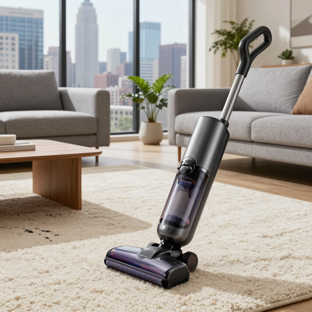 Cordless stick vacuum cleaning a beige carpet in a bright living room with city windows.