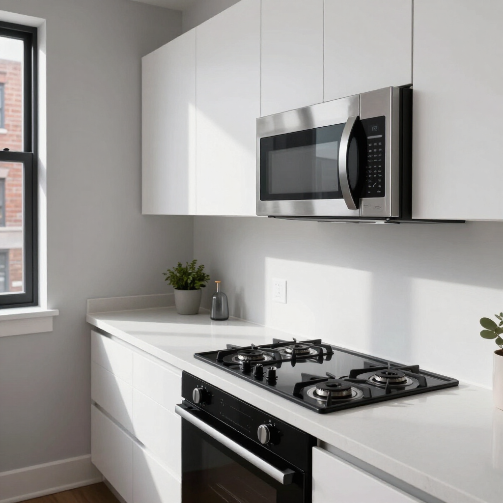 Modern white kitchen with stainless steel appliances and a sunlit window