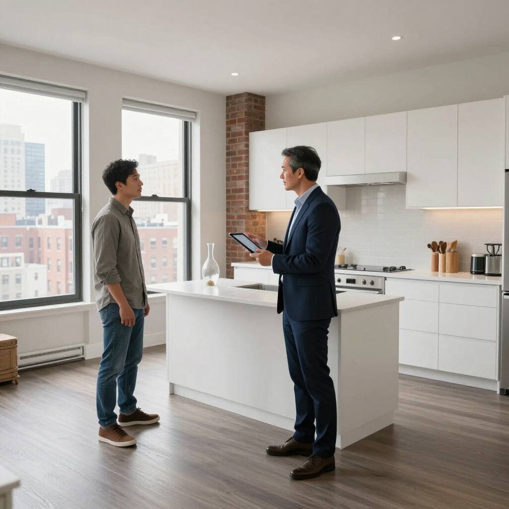 Two men talking in a bright modern kitchen, one holding a tablet near a white island.