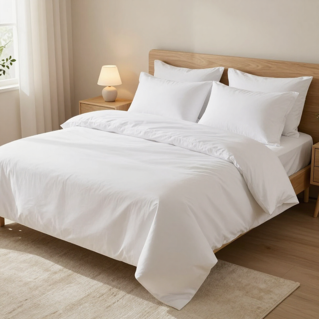 White bed with pillows and duvet in a bright, minimalist bedroom with a bedside lamp and rug