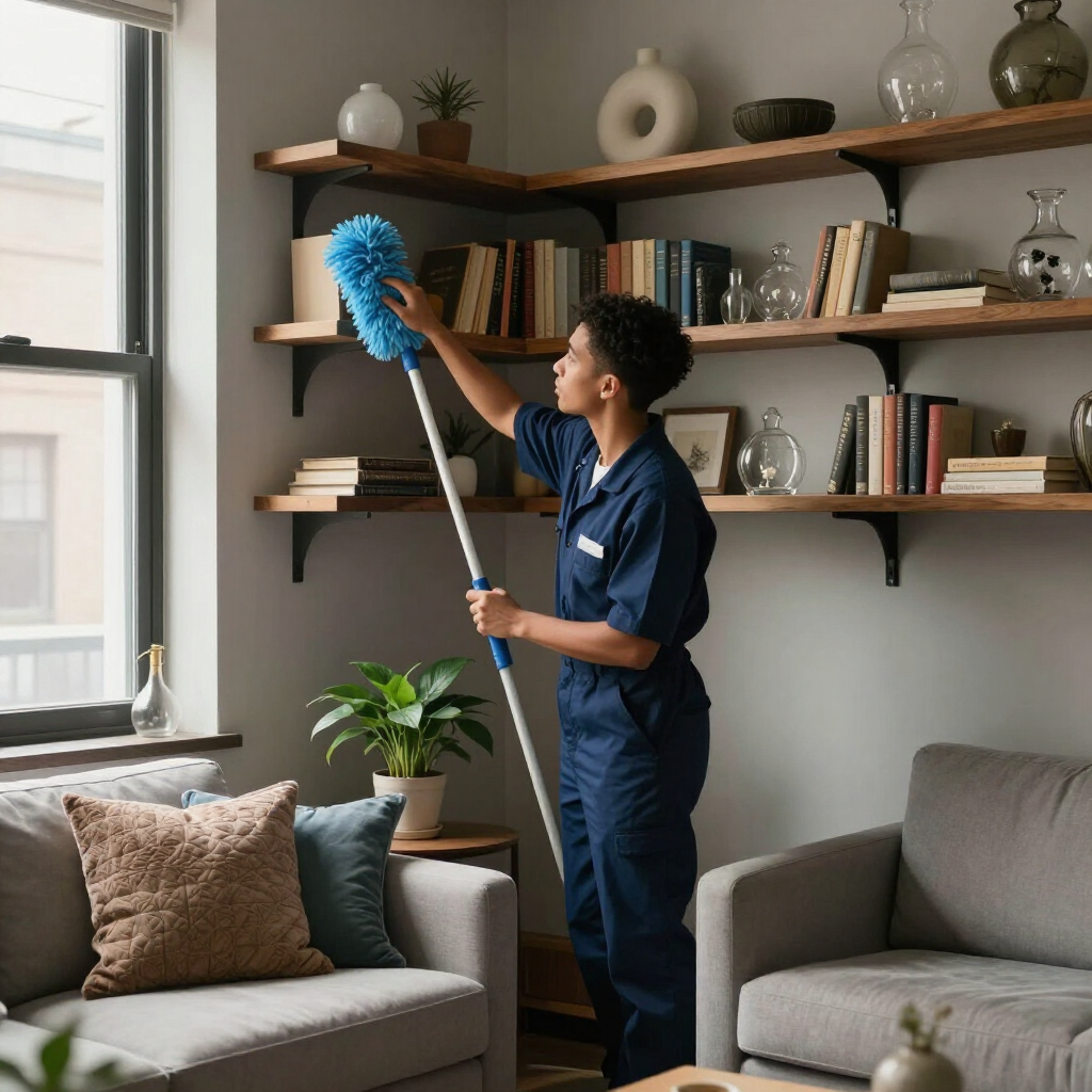 Person dusting shelves with a blue duster in a sunlit living room.