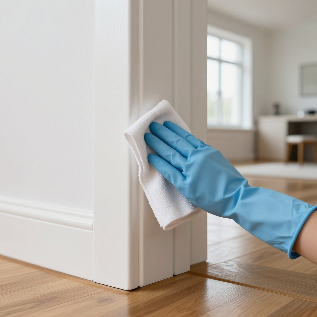 Blue-gloved hand wiping a white wall corner with a cloth in a bright room