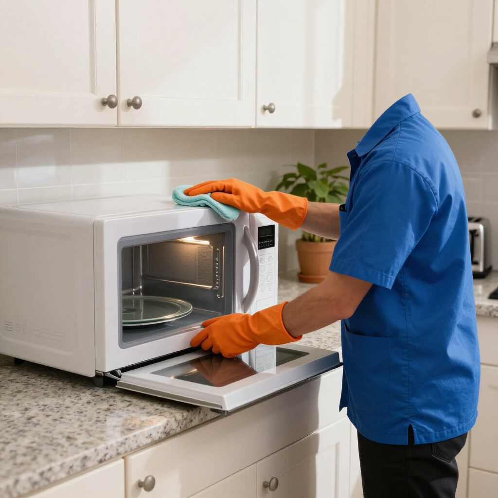 Worker in blue uniform cleaning a microwave in a white kitchen