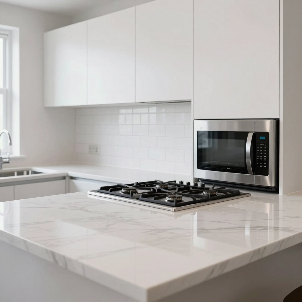 Modern white kitchen with marble island, gas cooktop, and built-in microwave