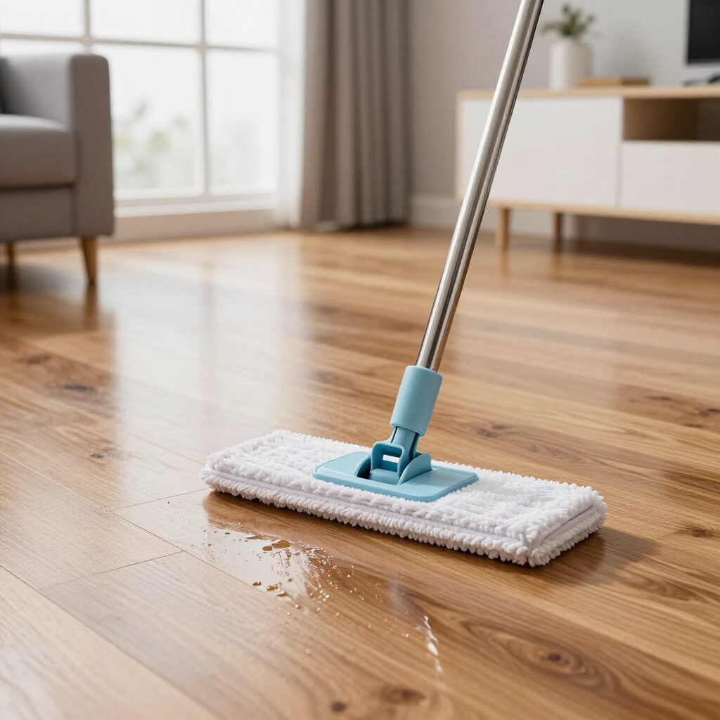 Blue mop cleaning a wet hardwood floor in a bright living room
