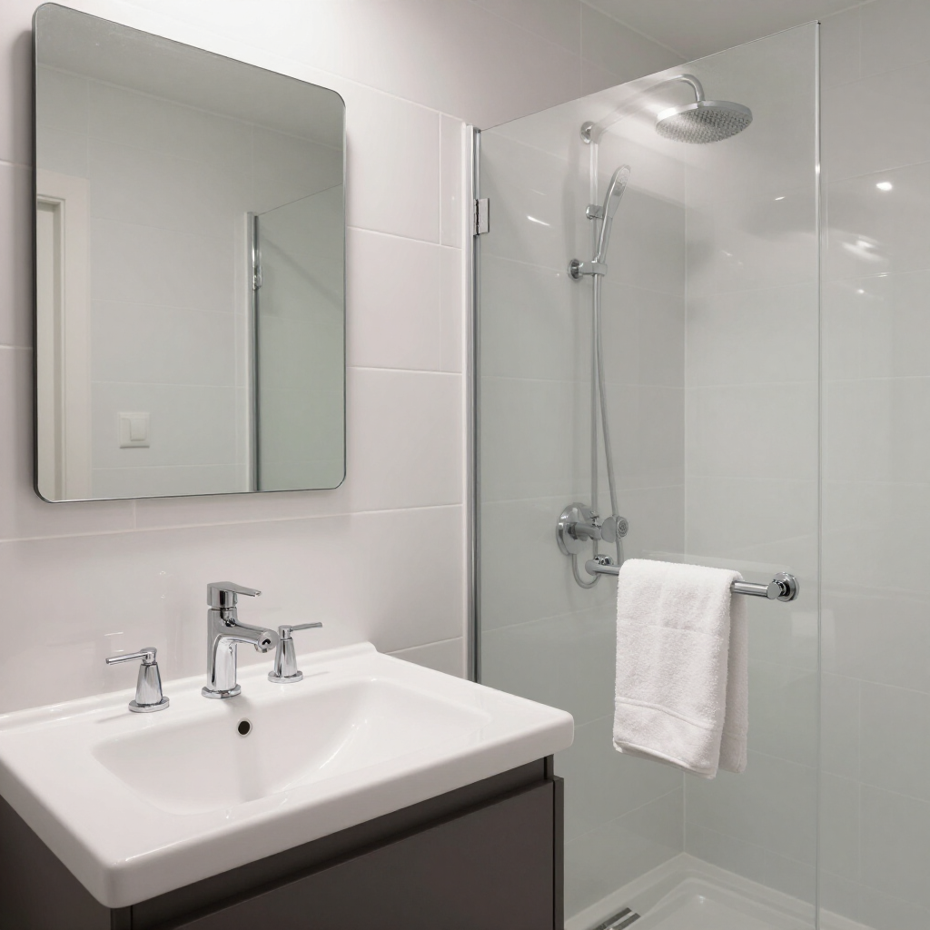 Modern white bathroom with sink, mirror, glass shower, and a towel on a rail