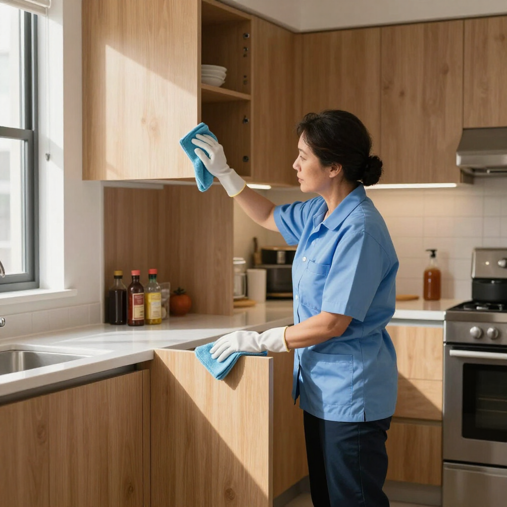 Person cleaning a wooden kitchen cabinet with a spray bottle and cloth in a modern kitchen