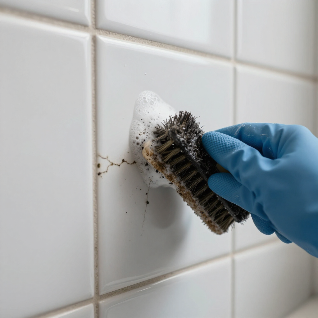 Gloved hand scrubbing dirty white tile grout with a brush and soap foam