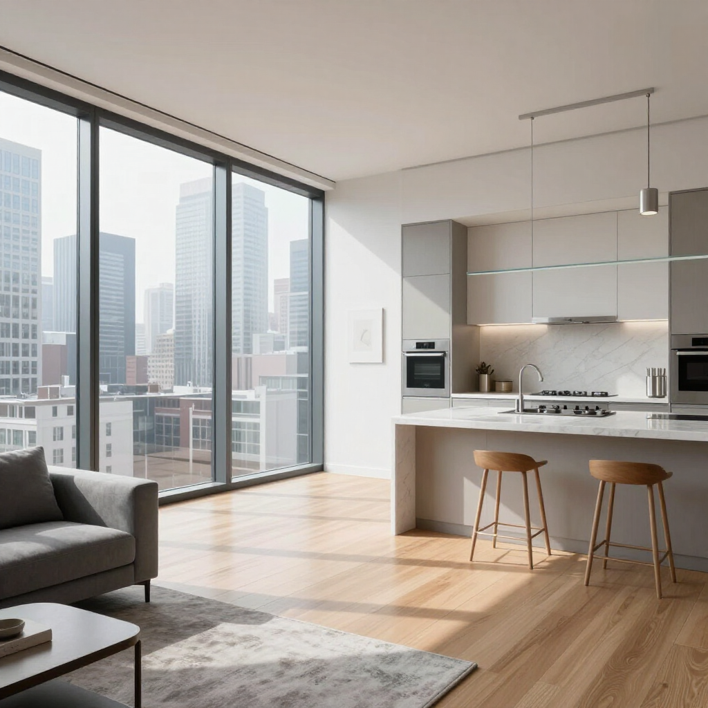 Modern open-plan apartment with city views, gray sofa, wood floors, and a kitchen island with stools.