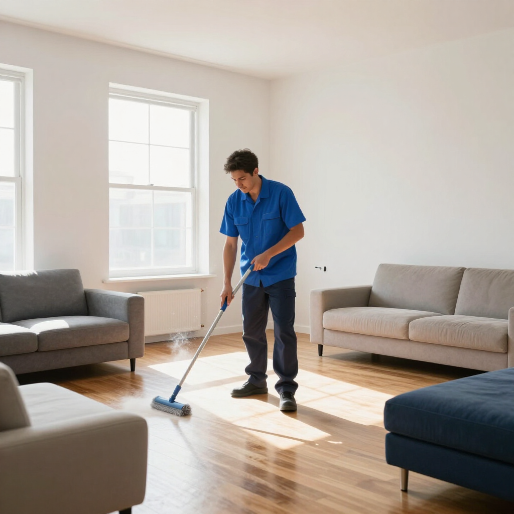 Person vacuuming a bright living room with a blue shirt and mop on wooden floors