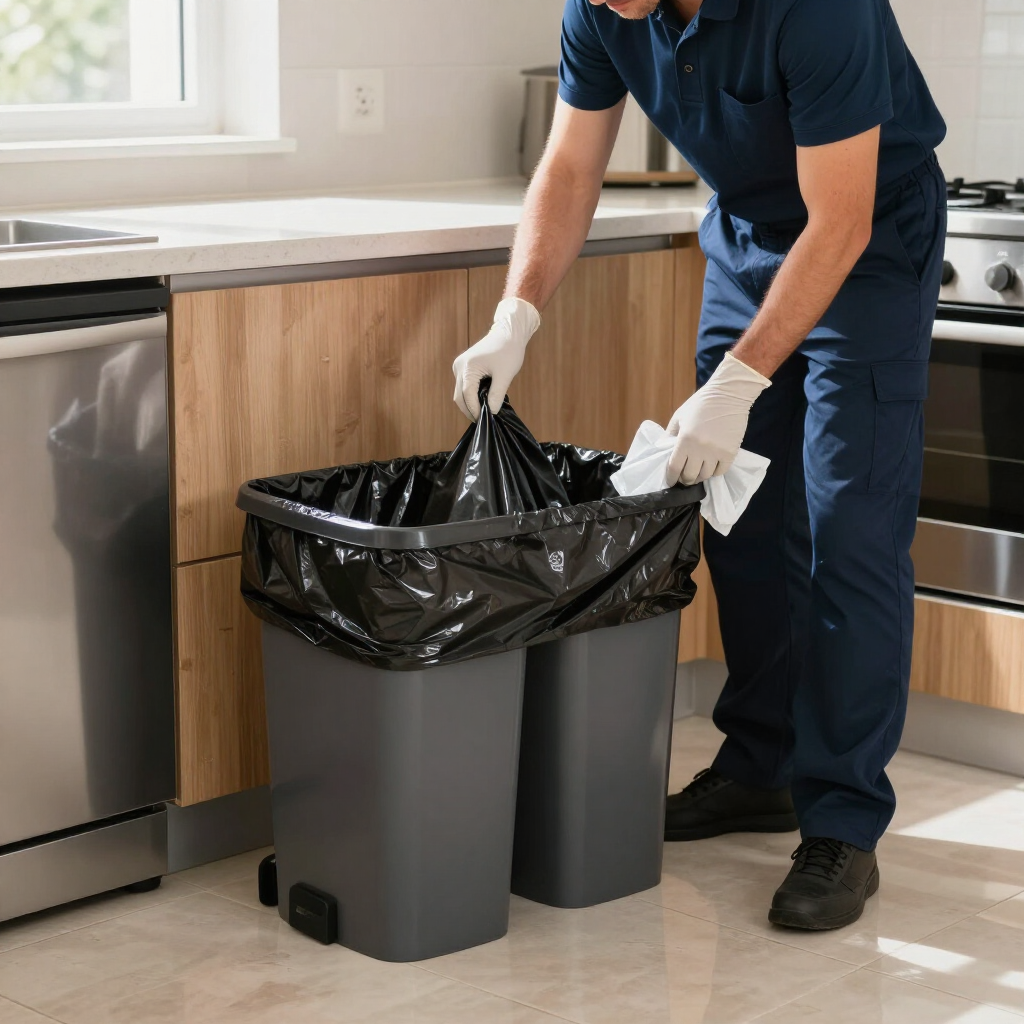 Person lining a kitchen trash bin with a black garbage bag beside a dishwasher and cabinets