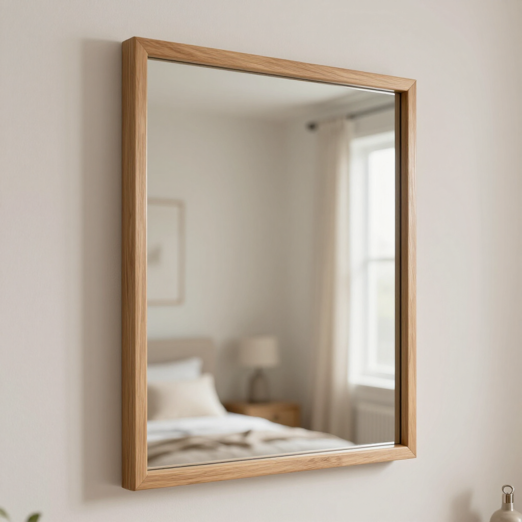 Wood-framed wall mirror reflecting a softly lit bedroom with a bed and window