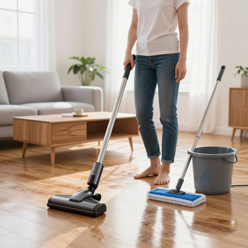 Person mopping a wooden floor beside a bucket and vacuum in a bright living room