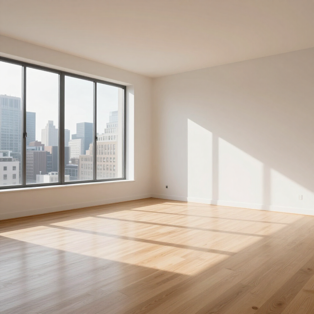 Empty sunlit room with large window, city view, and light wood floors