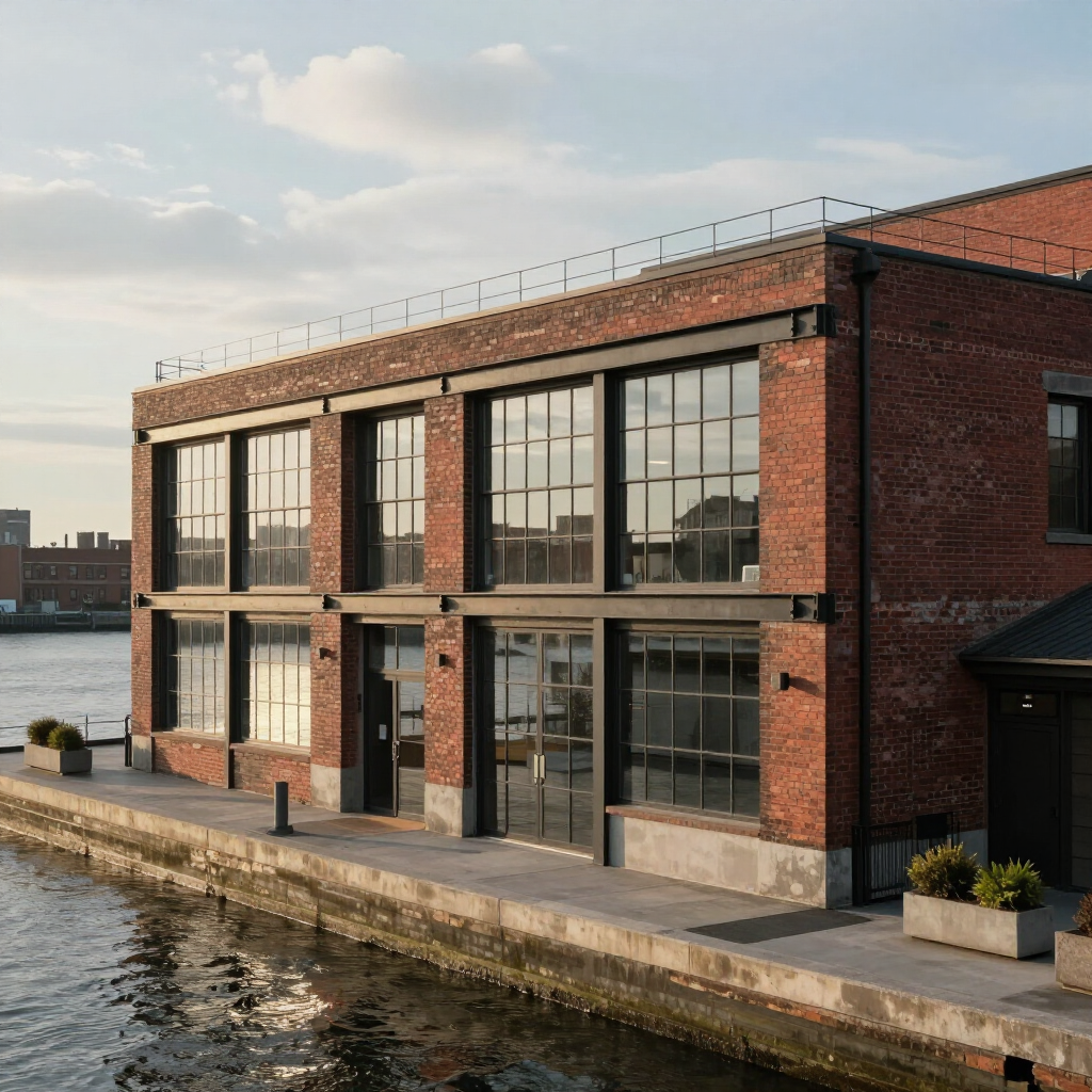 Modern brick warehouse-style building beside calm water at sunset