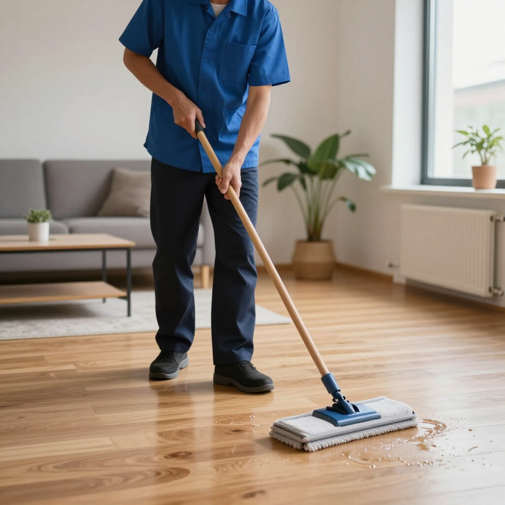 Person mopping a wooden floor in a bright living room with a sofa and plants.