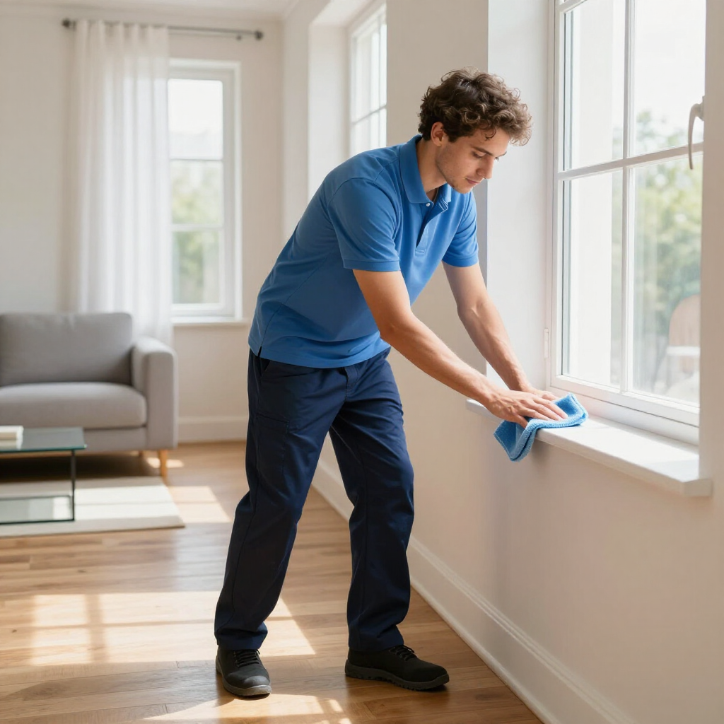 Man cleaning a windowsill in a sunlit living room with a blue cloth
