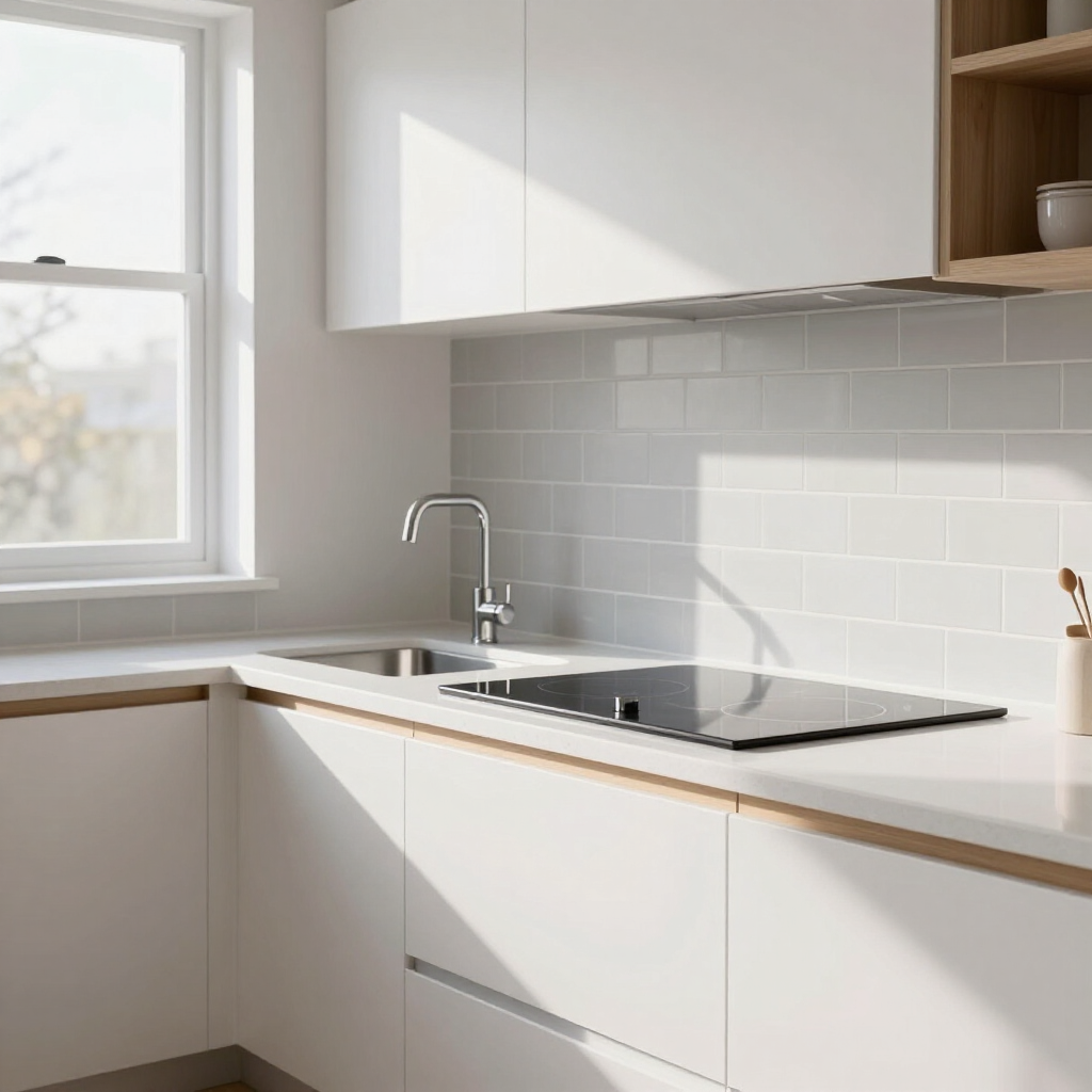 Bright modern kitchen corner with white cabinets, tiled backsplash, window, and stainless sink under sunlight