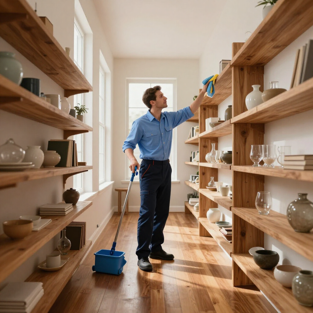 Person dusting shelves in a bright room, holding a spray bottle and mop, with wooden shelves and pottery.
