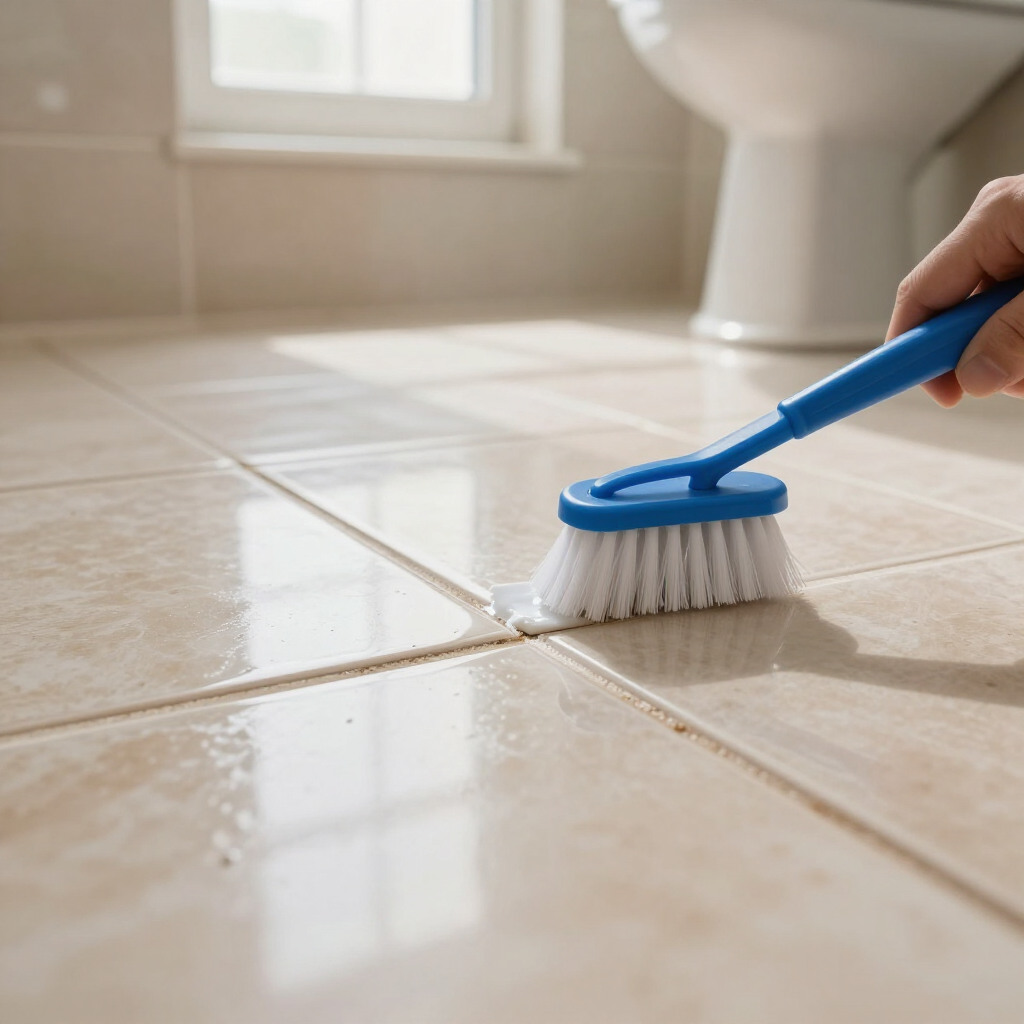 Blue scrub brush cleaning wet white bathroom floor tiles near a window