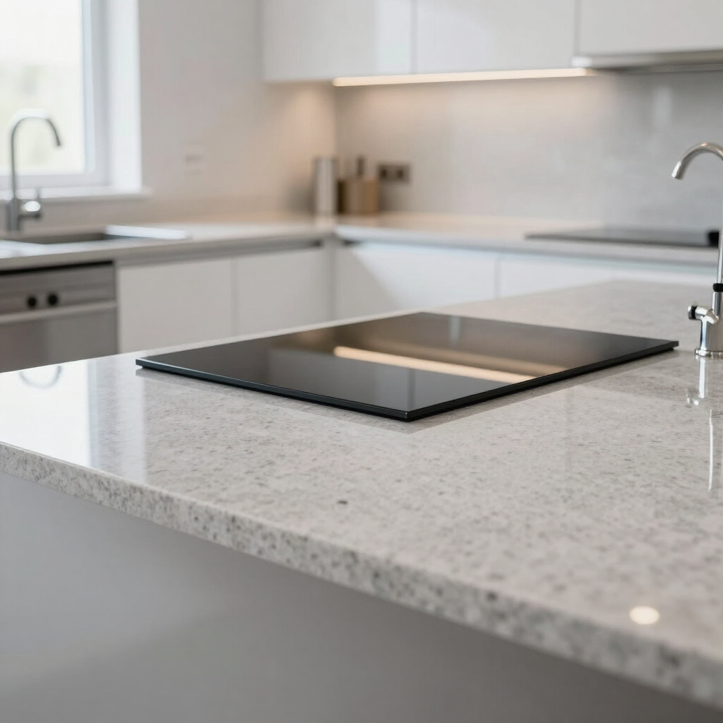 Modern kitchen with white cabinets, speckled island countertop, and black glass cooktop centerpiece